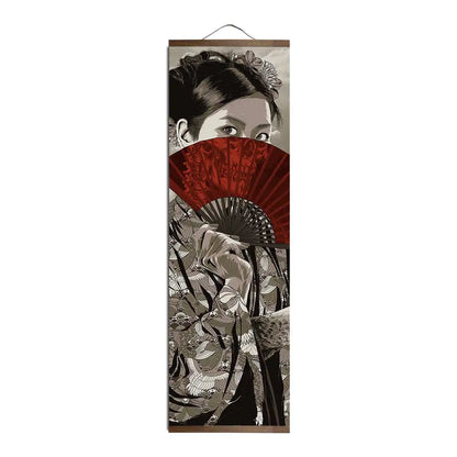 kimono woman with fan, japanese kimono, wall art , wall hanger, japanese scroll