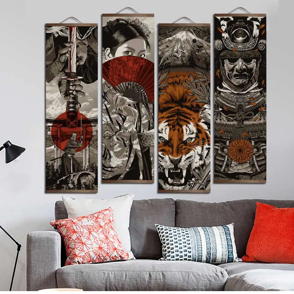 Japanese art, wall hanger, canvas paint, kimono , samurai , katana, sword, fuji , tiger , painting