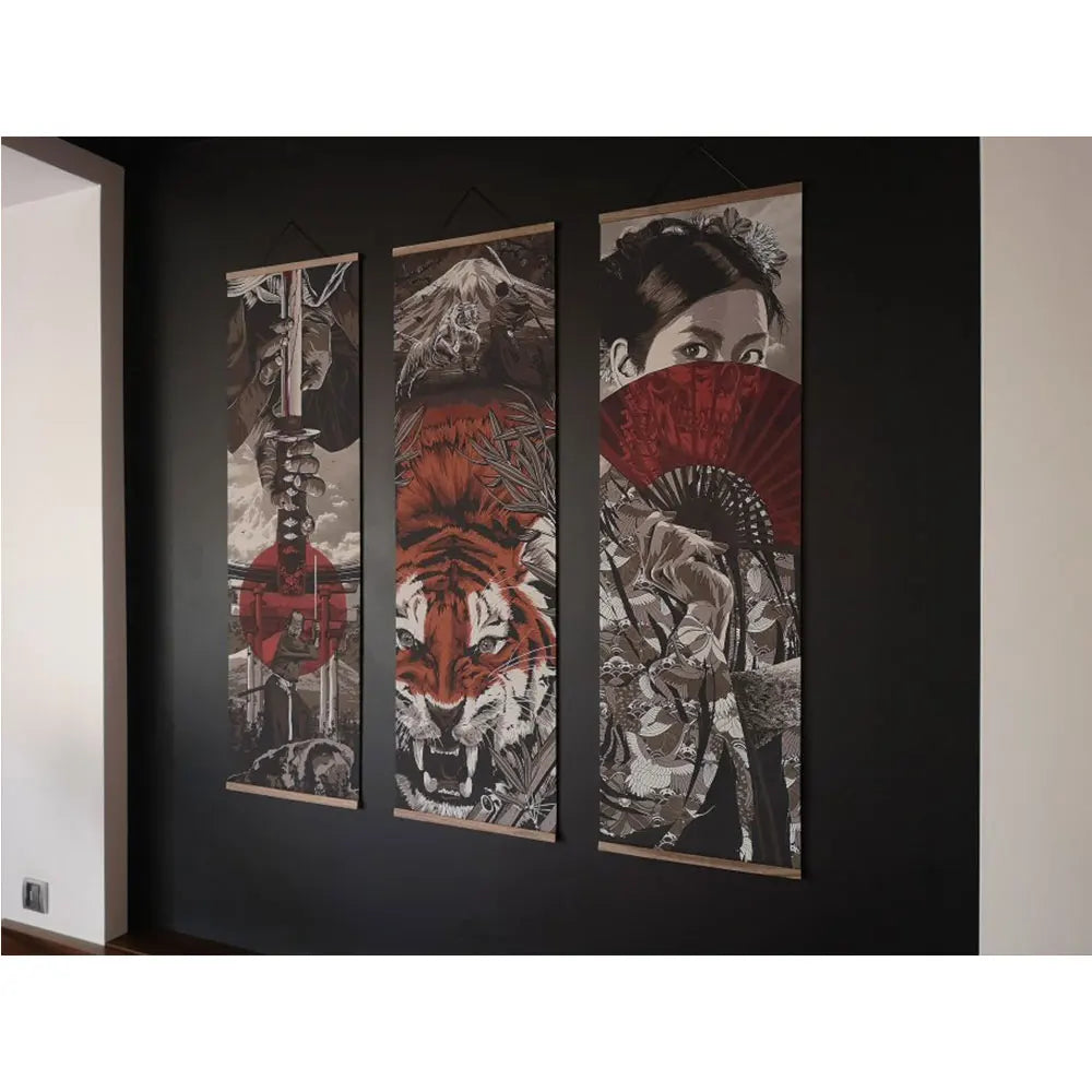 Japanese art, wall hanger, canvas paint, kimono , samurai , katana, sword, fuji , tiger , painting