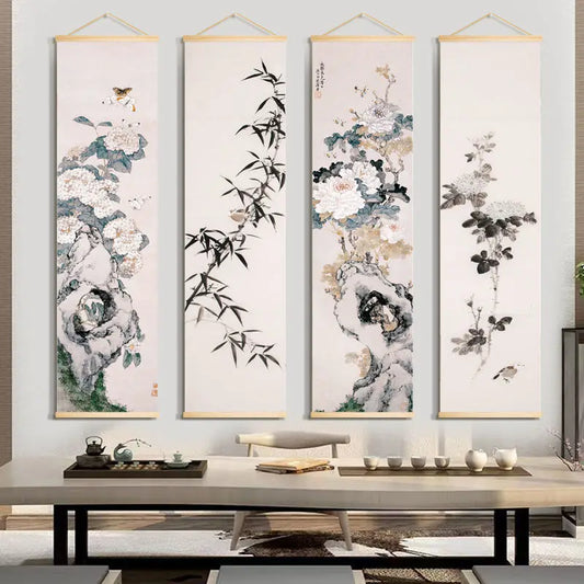 Japanese Ukiyoe Flower Green Plants Canvas Posters with Frame